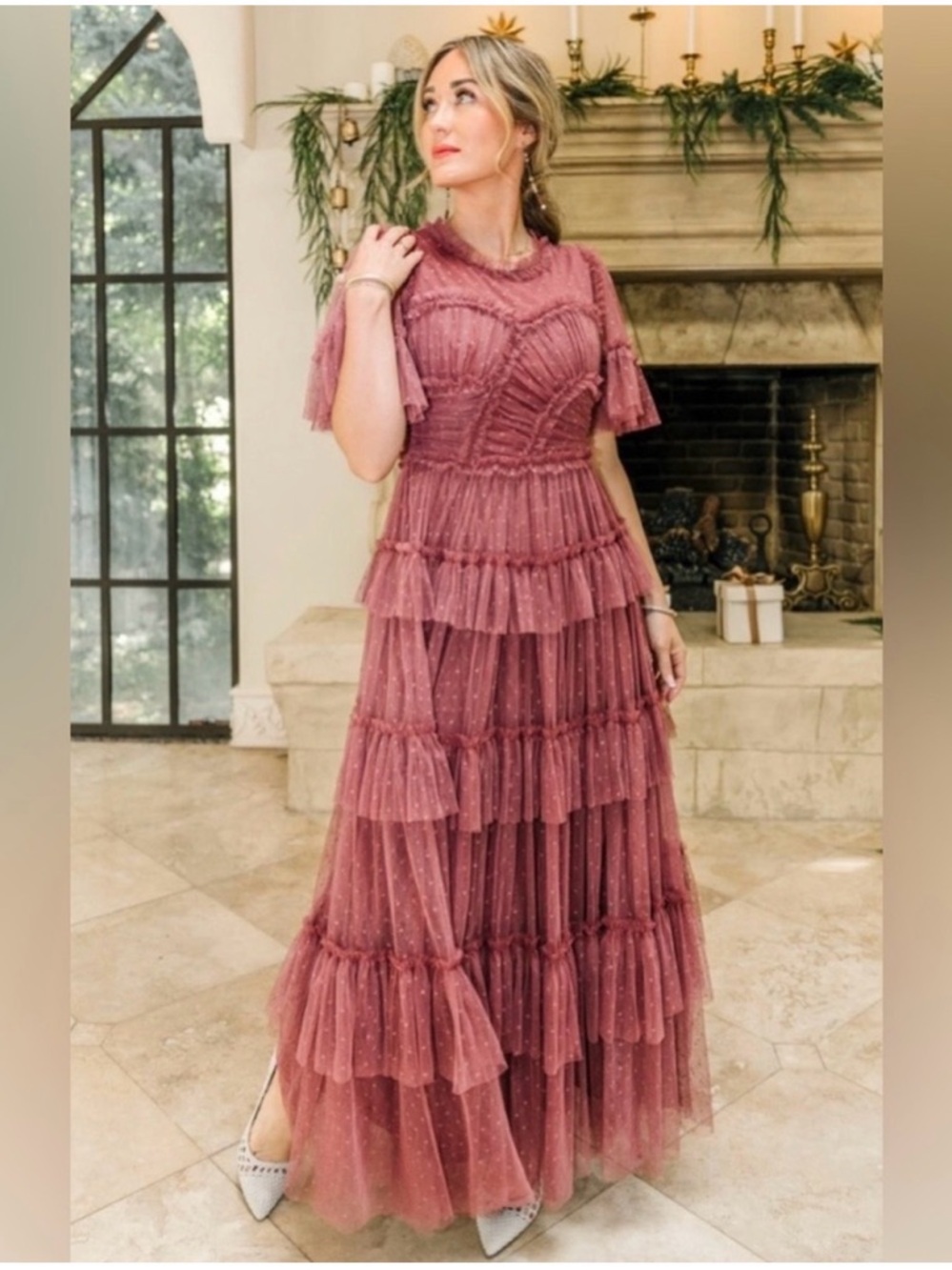 Ivy City Co Dusty Rose Tiered Tulle Maxi Dress